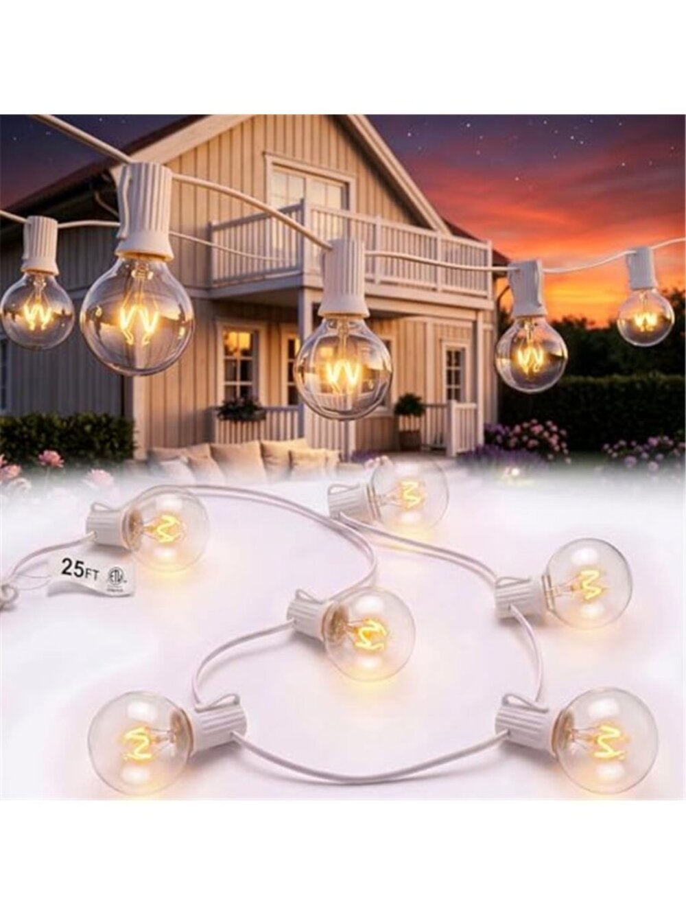 25FT Outdoor White String Lights, G40 Globe Patio Lights with 27 Clear G40 Bulbs